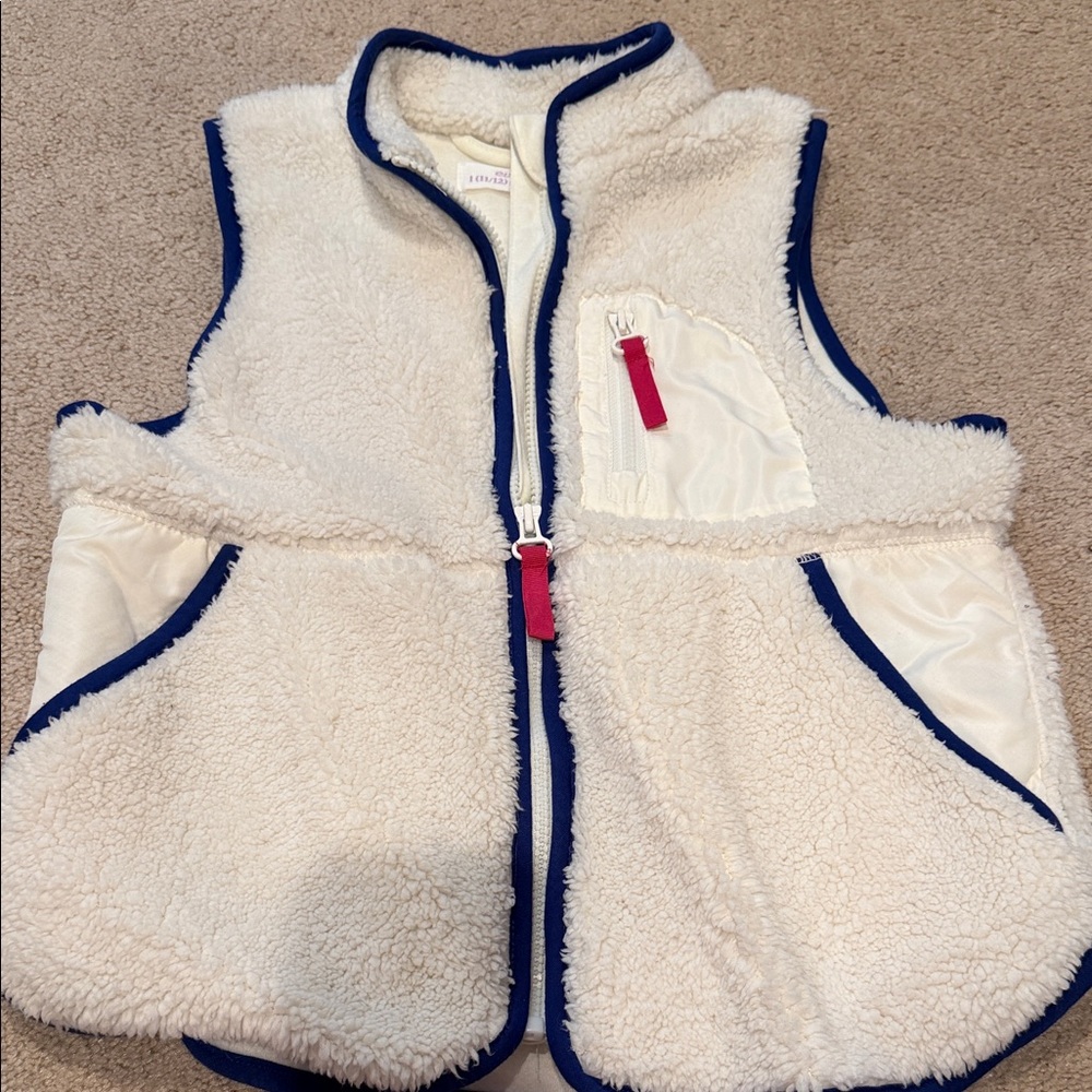 Evsie girls ivory and cobalt blue trim sherpa fleece vest sz 11/12
